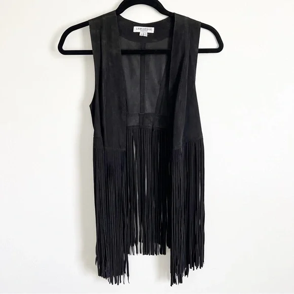Lamarque Sonia Black Suede Leather Fringe Vest XS